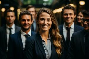 Ai Generative group of happy business man and business women, dressed in suits are smiling, in the office photo