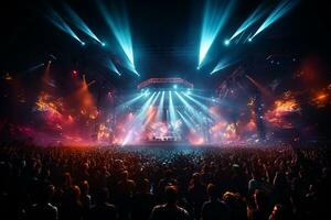 Ai generative Crowded Concert Stage Scenery With Spotlights and Colored Lights realistic image, ultra hd photo