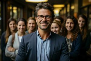 Ai Generative group of happy business man and business women, dressed in suits are smiling, in the office photo