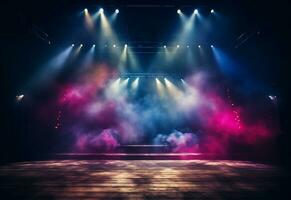 Ai generative Concert Stage Scenery With Spotlights Colored Lights Smoke photo