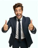 Ai generative photo business concept portrait of excited man dressed in formal wear giving thumbs up