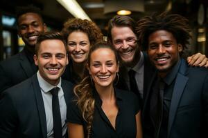 ai generativo grupo de contento negocio hombre y negocio mujer, vestido en trajes son sonriente, en el oficina foto