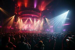 Ai generative Crowded Concert Stage Scenery With Spotlights and Colored Lights realistic image, ultra hd photo