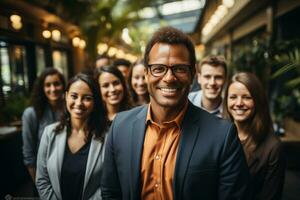 ai generativo grupo de contento negocio hombre y negocio mujer, vestido en trajes son sonriente, en el oficina foto