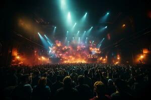 Ai generative Crowded Concert Stage Scenery With Spotlights and Colored Lights realistic image, ultra hd photo