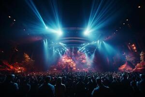 Ai generative Crowded Concert Stage Scenery With Spotlights and Colored Lights realistic image, ultra hd photo