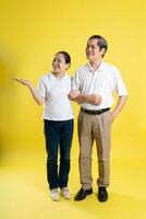 retrato de medio Envejecido asiático Pareja posando en amarillo antecedentes foto