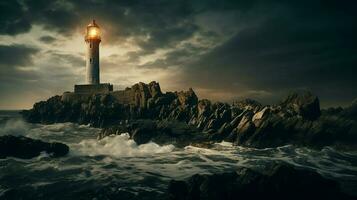 A lighthouse surrounded by waves and rocky shoreline AI Generated photo