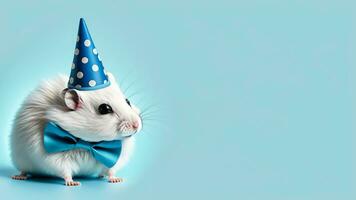 Hamster in party cone hat necklace bowtie outfit isolated on solid pastel background. AI Generative photo