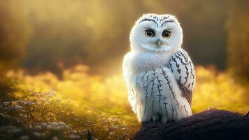 Cute fluffy white owl, beautiful Backlight, early September morning. Ai Generative. photo
