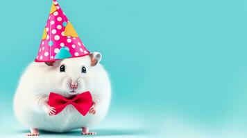 Hamster in party cone hat necklace bowtie outfit isolated on solid pastel background. AI Generative photo