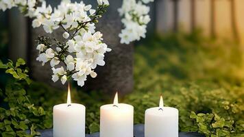 white flowering branch and 3 white candle lights outside in a garden, floral concept with burning candles decoration. Ai Generative. photo