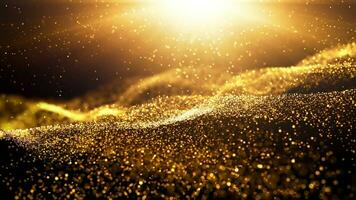 digital oro partículas ola y ligero resumen antecedentes con brillante piso partícula estrellas polvo. futurista reluciente lujo dorado espumoso en negro fondo.. ai generativo foto