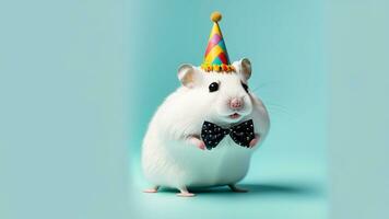 Hamster in party cone hat necklace bowtie outfit isolated on solid pastel background. AI Generative photo