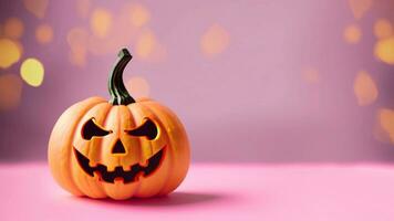 Halloween cute pumpkin on pink bokeh effect background. Ai Generative. photo
