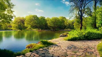 hermosa vistoso verano primavera natural paisaje con un lago en parque rodeado por verde follaje de arboles en luz de sol y Roca camino en primer plano. ai generativo. foto