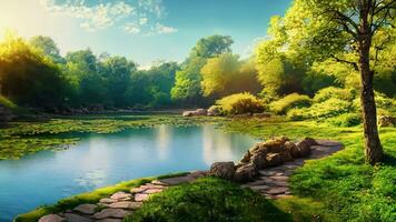 Beautiful colorful summer spring natural landscape with a lake in Park surrounded by green foliage of trees in sunlight and stone path in foreground. Ai Generative. photo