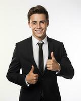 Ai generative photo business concept portrait of excited man dressed in formal wear giving thumbs up