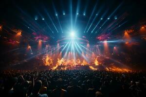 Ai generative Crowded Concert Stage Scenery With Spotlights and Colored Lights realistic image, ultra hd photo