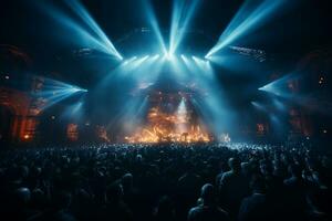 Ai generative Crowded Concert Stage Scenery With Spotlights and Colored Lights realistic image, ultra hd photo