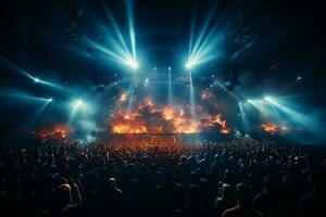 Ai generative Crowded Concert Stage Scenery With Spotlights and Colored Lights realistic image, ultra hd photo