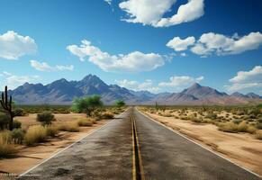 Ai generative Photo Road Clear Sky Desert Mountains Landscape realistic image, ultra hd, high design very detailed