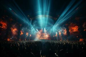 Ai generative Crowded Concert Stage Scenery With Spotlights and Colored Lights realistic image, ultra hd photo