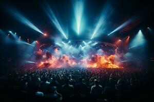 Ai generative Crowded Concert Stage Scenery With Spotlights and Colored Lights realistic image, ultra hd photo