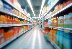 Ai generative Blurry shopping shelves in supermarkets and department stores realistic image ultra hd high design photo