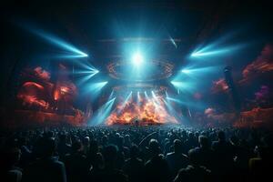 Ai generative Crowded Concert Stage Scenery With Spotlights and Colored Lights realistic image, ultra hd photo