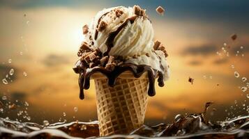 Ice cream in a waffle cone with chocolate splashing on it AI Generated photo