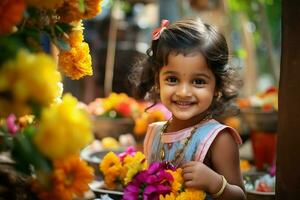 un linda pequeño indio niña en pie en frente de flores ai generado foto