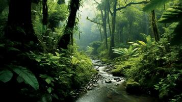 Tropical rainforest with lush green plants and river AI Generated photo