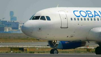 FRANKFURT AM MAIN, GERMANY JULY 18, 2017 - Cobalt Air Airbus 319 5B DCV before take off on runway 18. Fraport, Frankfurt, Germany video