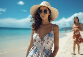 Ai generative young tourist woman in summer dress and hat standing on beautiful sandy beach. Cute girl enjoying photo