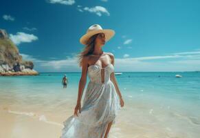 ai generativo joven turista mujer en verano vestir y sombrero en pie en hermosa arenoso playa. linda niña disfrutando foto