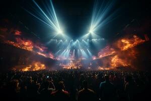 Ai generative Crowded Concert Stage Scenery With Spotlights and Colored Lights realistic image, ultra hd photo