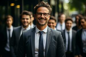 ai generativo grupo de contento negocio hombre y negocio mujer, vestido en trajes son sonriente, en el oficina foto