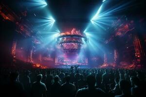 Ai generative Crowded Concert Stage Scenery With Spotlights and Colored Lights realistic image, ultra hd photo