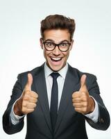 Ai generative photo business concept portrait of excited man dressed in formal wear giving thumbs up