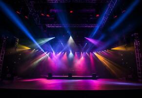 Ai generative Concert Stage Scenery With Spotlights Colored Lights Smoke photo