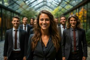 Ai Generative group of happy business man and business women, dressed in suits are smiling, in the office photo