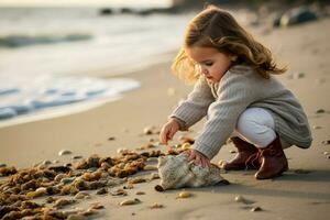 A little girl is playing with a shell on the beach AI Generated photo