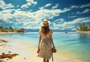 Ai generative young tourist woman in summer dress and hat standing on beautiful sandy beach. Cute girl enjoying photo