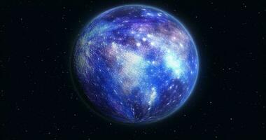 Abstract realistic space spinning planet round sphere with a blue water surface in space against the background of stars photo