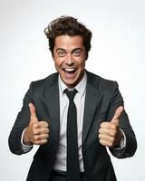 Ai generative photo business concept portrait of excited man dressed in formal wear giving thumbs up