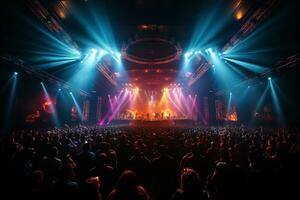 Ai generative Crowded Concert Stage Scenery With Spotlights and Colored Lights realistic image, ultra hd photo