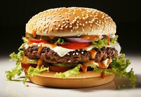 ai generativo doble hamburguesa aislado en blanco antecedentes Fresco hamburguesa rápido comida con carne de vaca y crema queso realista imagen, ultra alta definición, alto diseño muy detallado foto