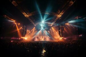 Ai generative Crowded Concert Stage Scenery With Spotlights and Colored Lights realistic image, ultra hd photo