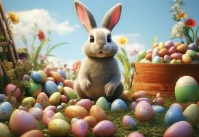 Ai generative photo happy bunny with many easter eggs on grass festive background for decorative design